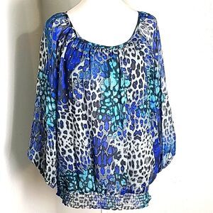 Cathy Daniels Blue,Teal,Gray Leopard Print Blouse with Sparkles, Size 1X
